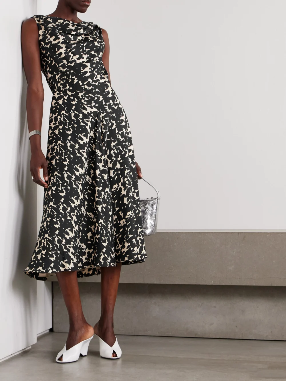 Altuzarra Drina Draped Printed Silk-twill Midi Dress, worn by a model