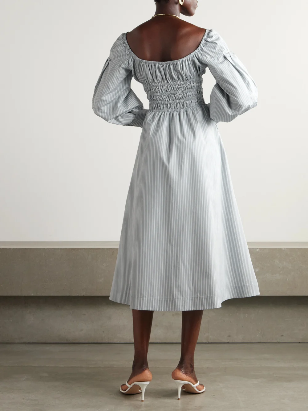 Back view of the Altuzarra Josie Shirred Striped Cotton-poplin Midi Dress