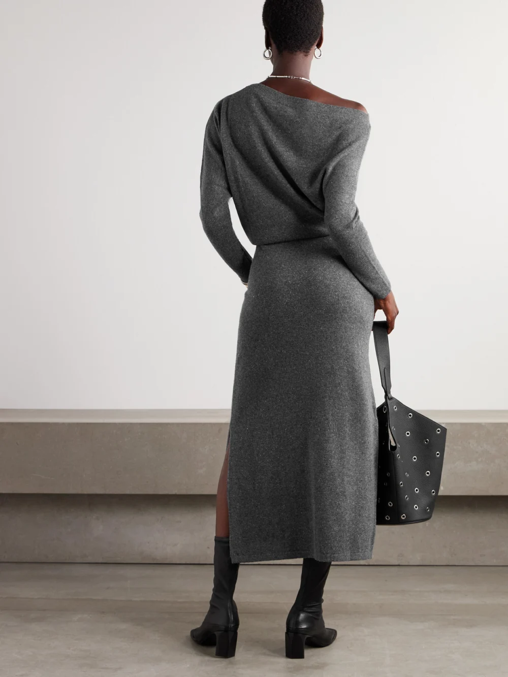 Back view of the Altuzarra Kasos Off-the-shoulder Draped Brushed-cashmere Midi Dress