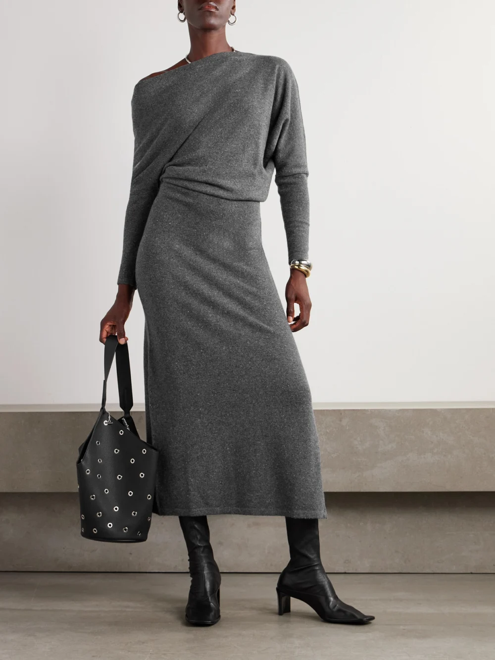Altuzarra Kasos Off-the-shoulder Draped Brushed-cashmere Midi Dress, worn by a model
