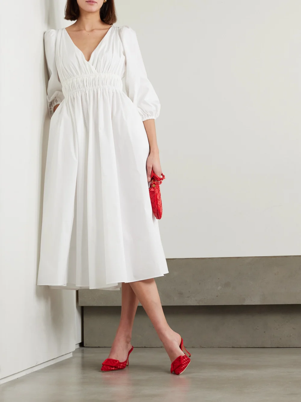 Altuzarra Kathleen Pleated Cotton-blend Poplin Midi Dress, worn by a model