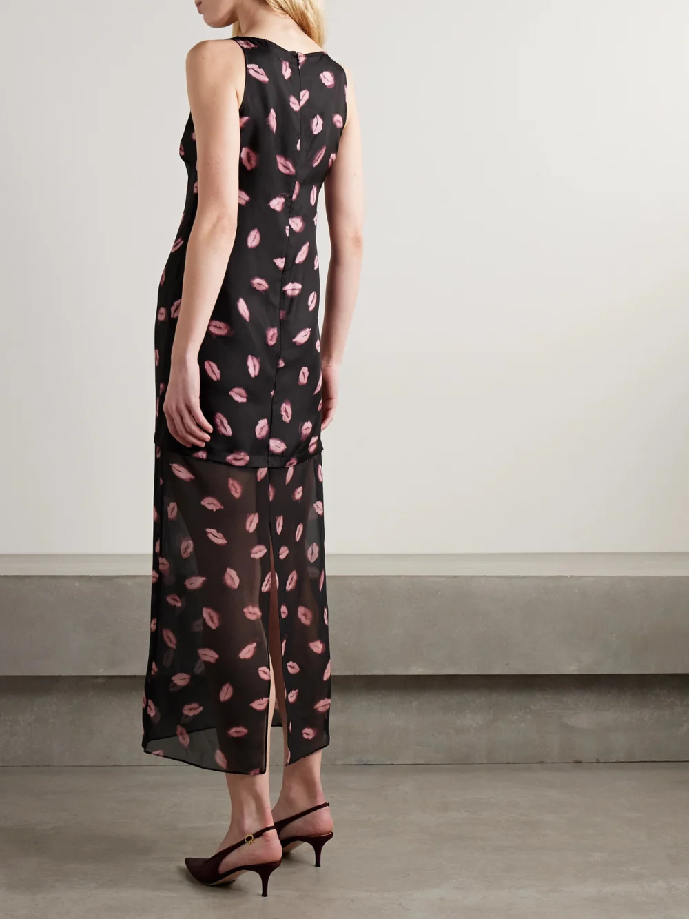 Back view of the Altuzarra Katrin Layered Printed Silk-twill and Chiffon Midi Dress