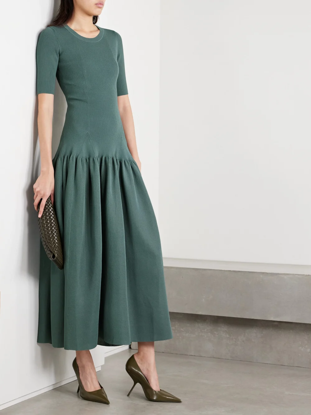 Altuzarra Maisie Gathered Metallic Stretch-knit Maxi Dress, worn by a model