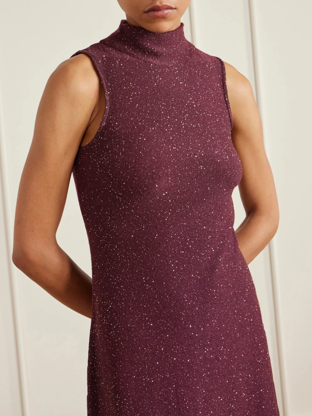 Close-up detail of the Altuzarra Marian Sequined Knitted Halterneck Midi Dress