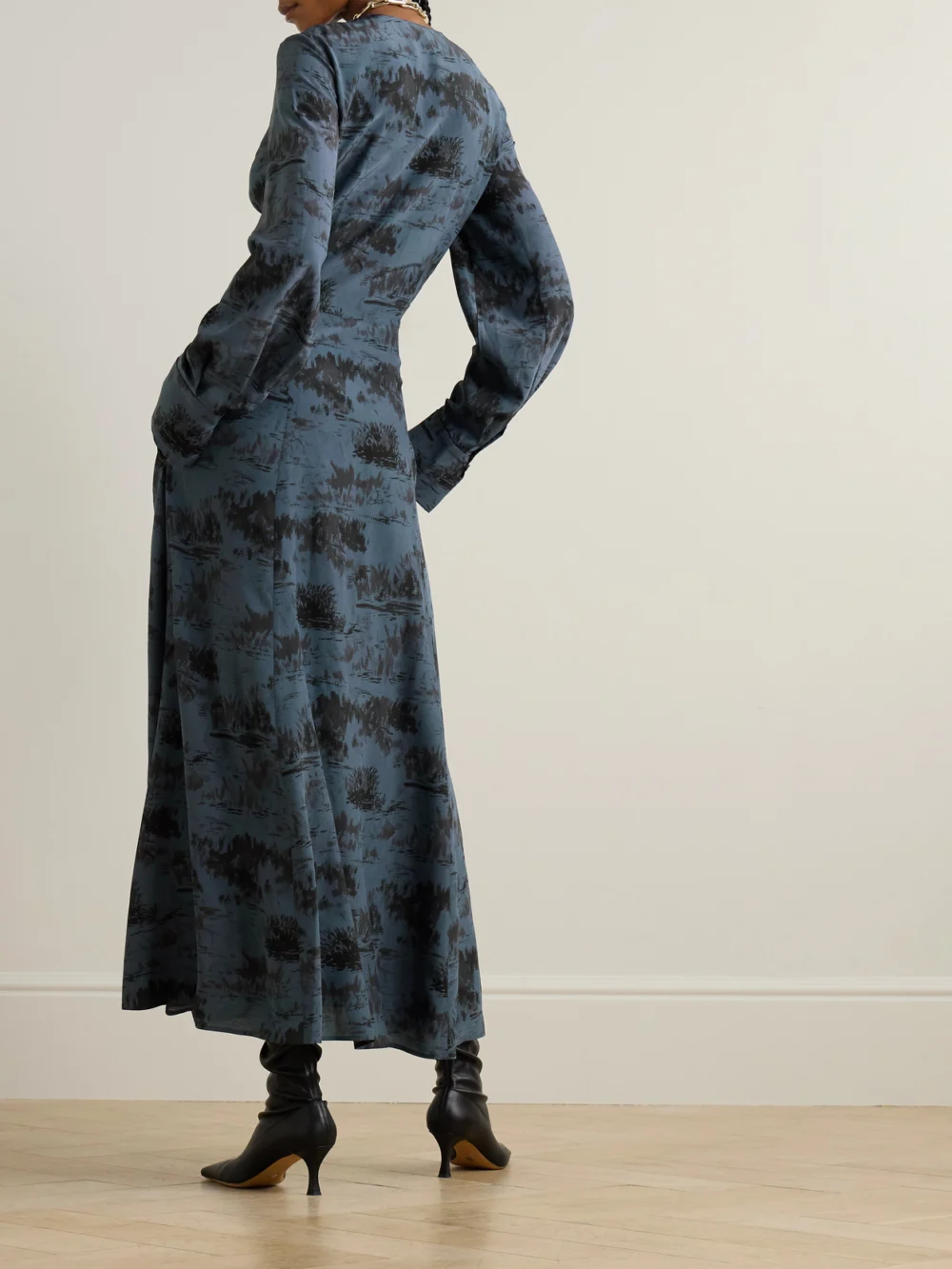 Back view of the Altuzarra Mila Ruched Printed Silk-crepe Midi Dress