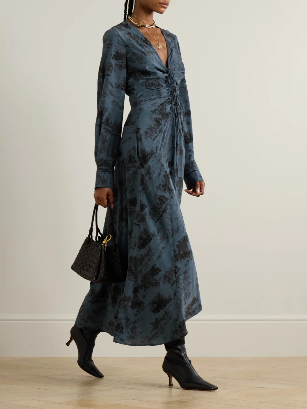 Altuzarra Mila Ruched Printed Silk-crepe Midi Dress, worn by a model