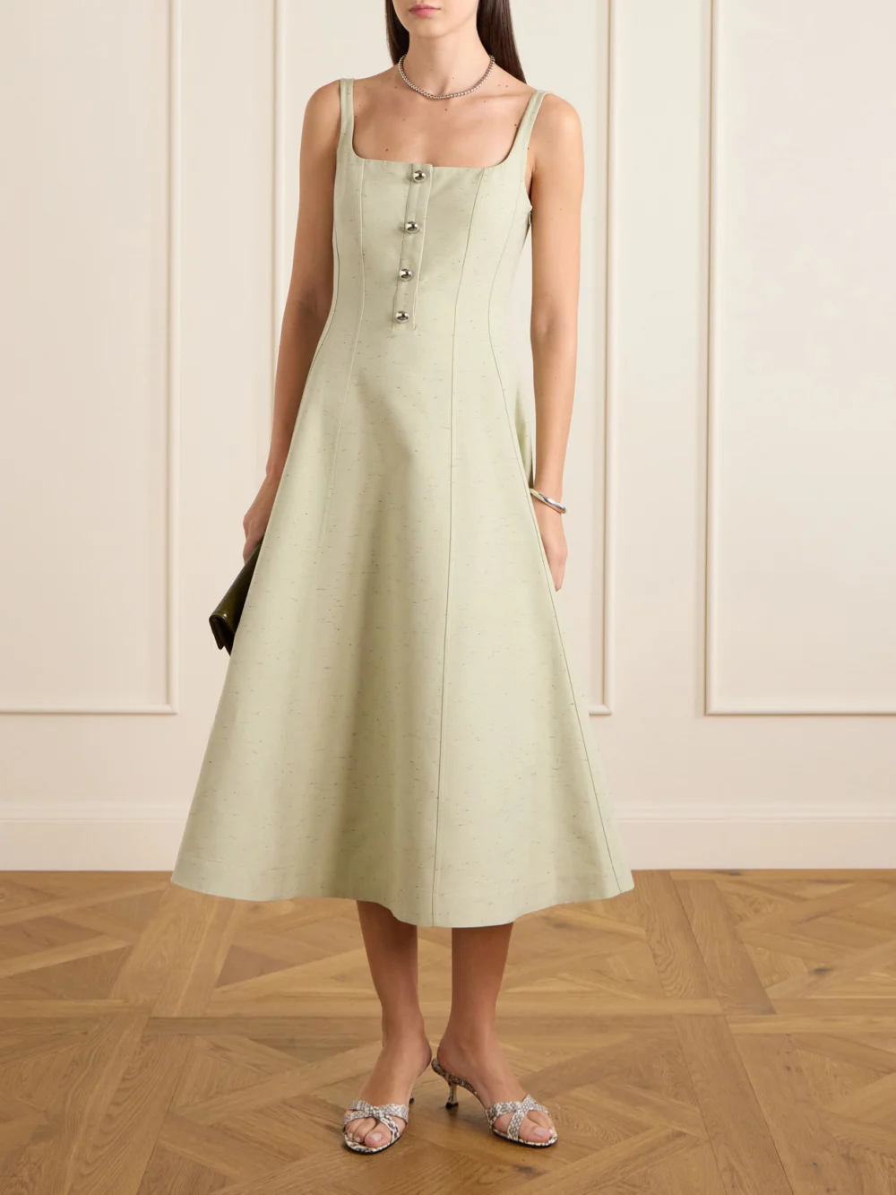 Altuzarra Orrie Button-embellished Cotton-blend Midi Dress, worn by a model