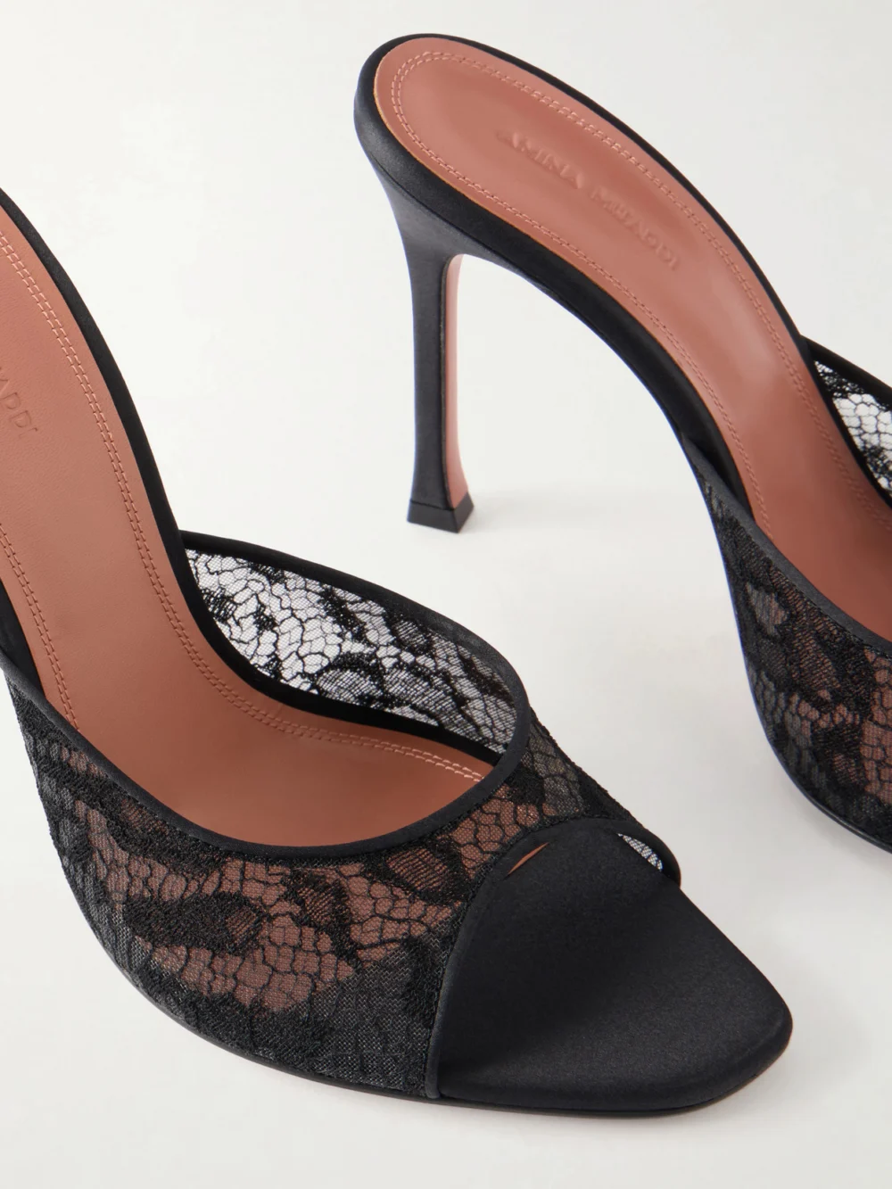 Close-up detail of the Amina Muaddi Alexa 105 Lace Mules