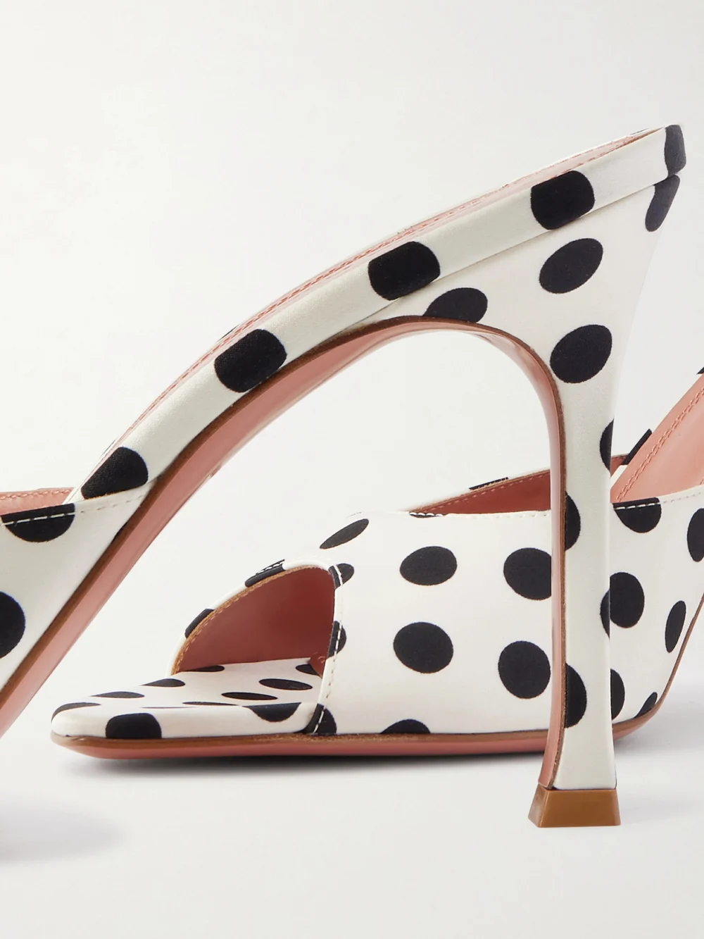 Close-up detail of the Amina Muaddi Alexa Polka-dot Satin Mules