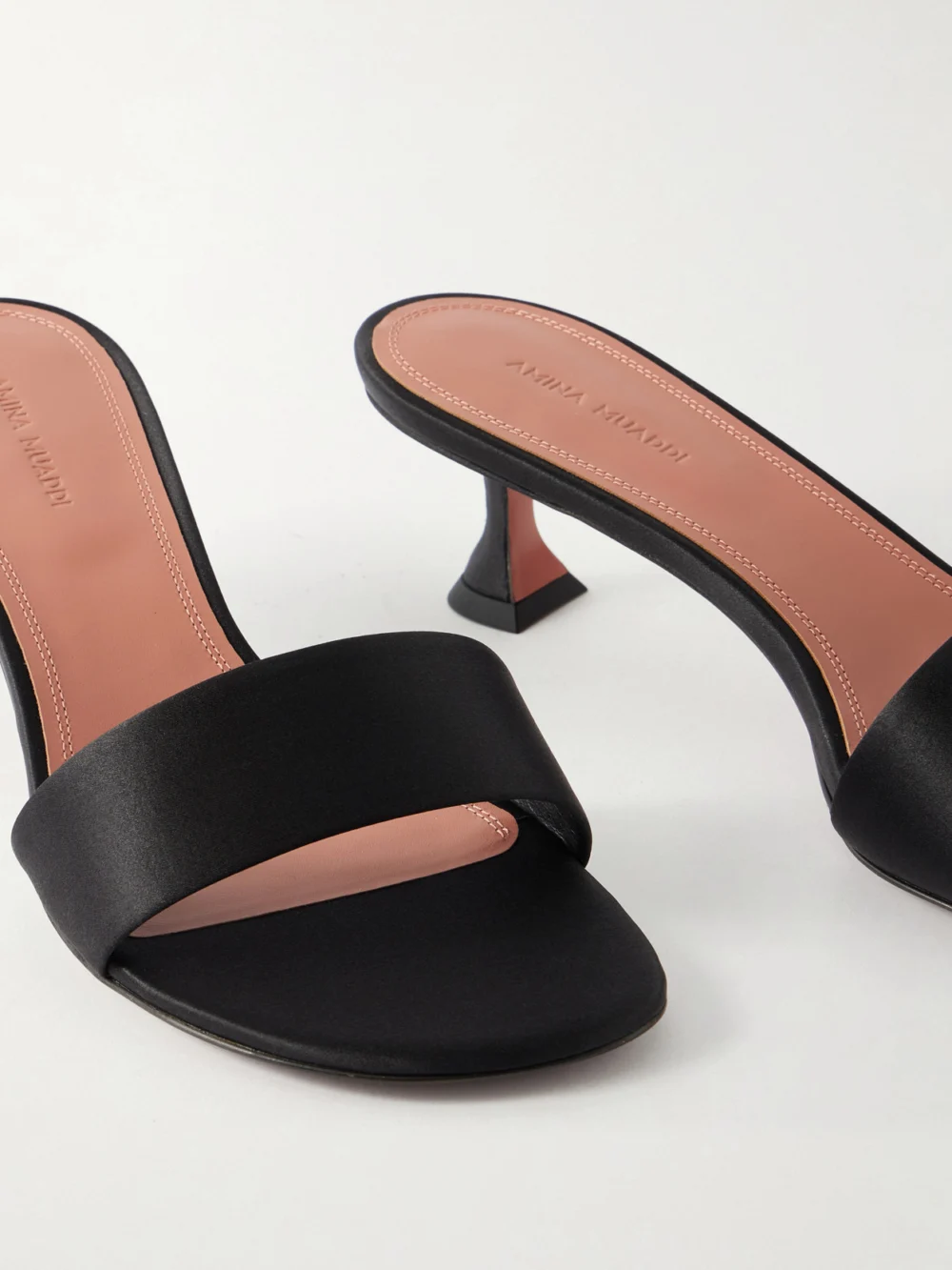Close-up detail of the Amina Muaddi Andreea 45 Satin Mules