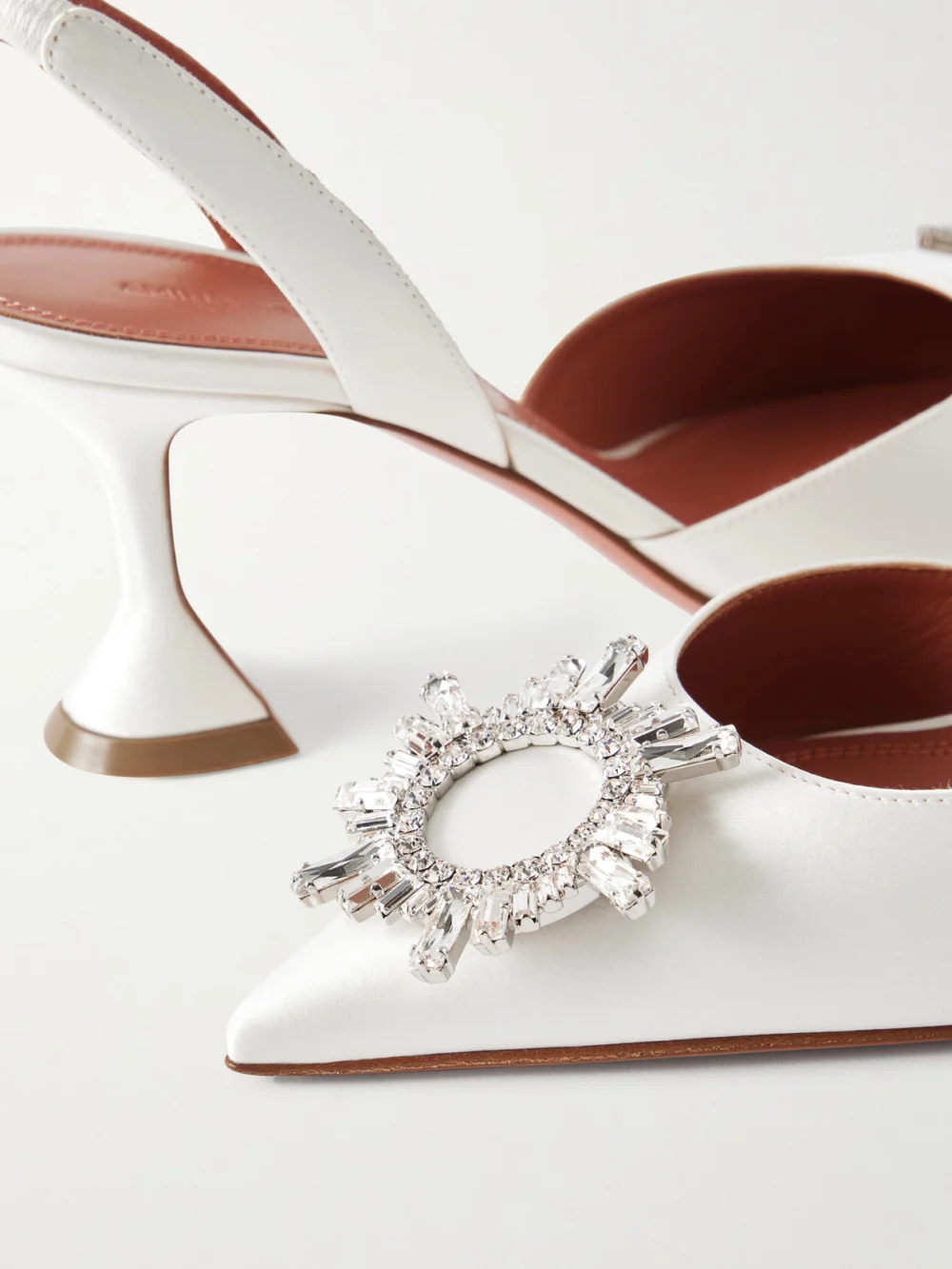 Close-up detail of the Amina Muaddi Begum 70 Swarovski Crystal-embellished Satin Slingback Pumps