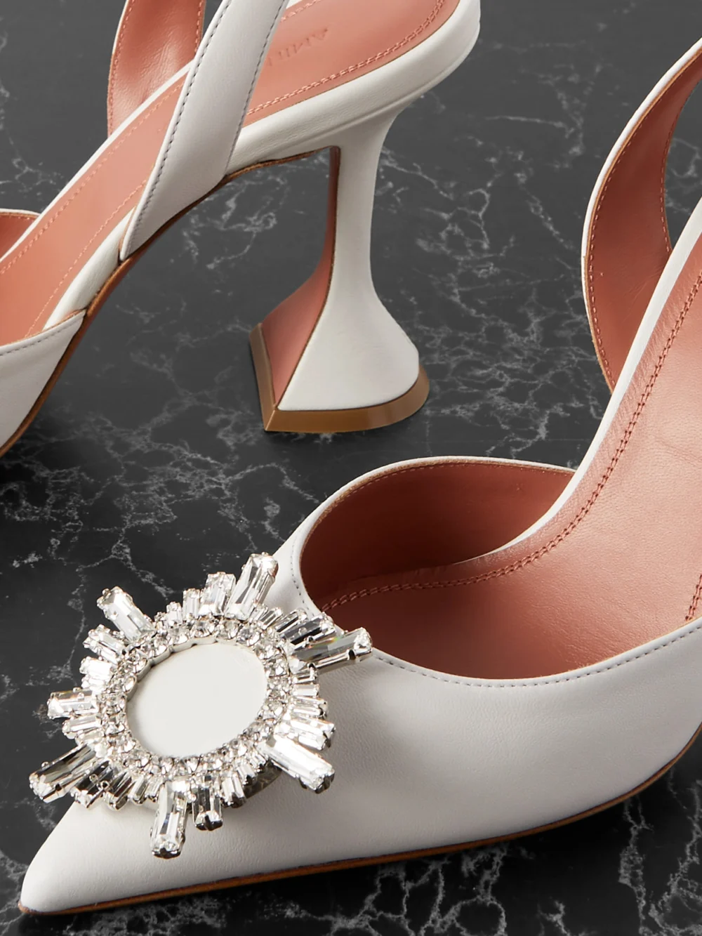 Close-up detail of the Amina Muaddi Begum 95 Swarovski Crystal-embellished Leather Slingback Pumps