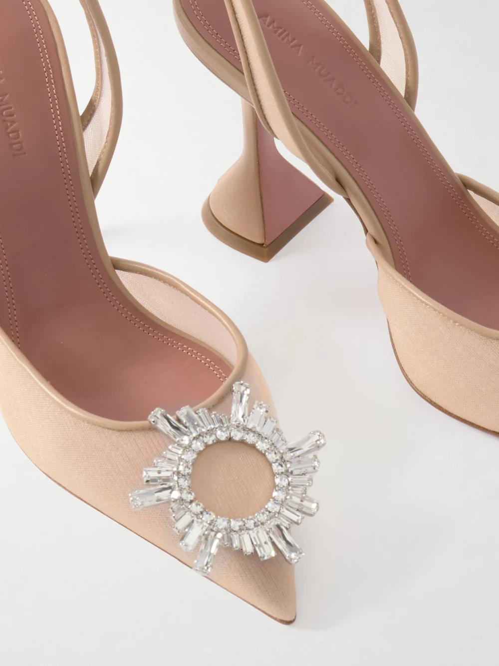 Close-up detail of the Amina Muaddi Begum Crystal-embellished Leather-trimmed Mesh Slingback Pumps