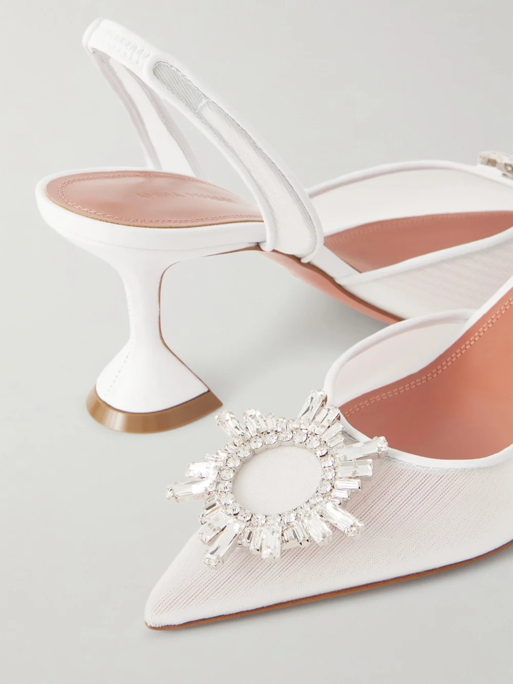 Close-up detail of the Amina Muaddi Begum Crystal-embellished Leather-trimmed Mesh Slingback Pumps