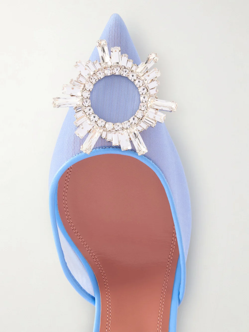 Close-up detail of the Amina Muaddi Begum Leather-trimmed Crystal-embellished Mesh Slingback Pumps