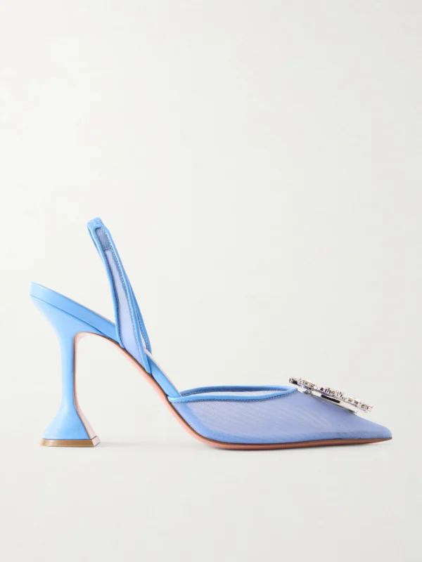 Amina Muaddi Begum Leather-trimmed Crystal-embellished Mesh Slingback Pumps