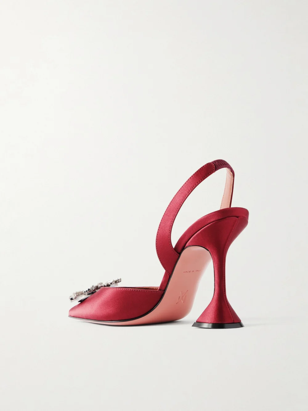 Back view of the Amina Muaddi Begum Swarovski Crystal-embellished Satin Slingback Pumps