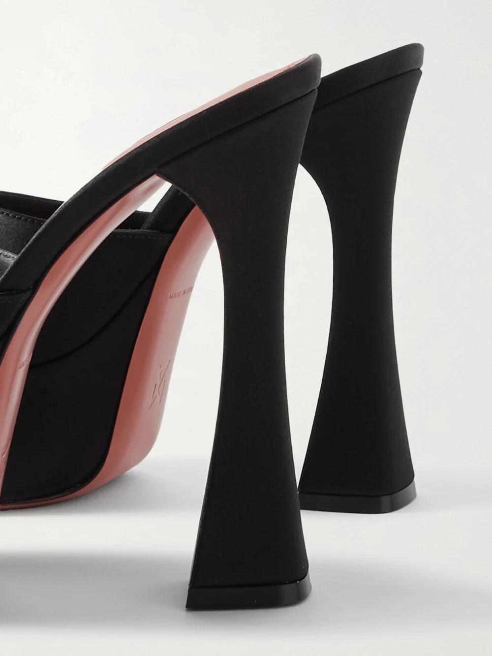 Close-up detail of the Amina Muaddi Dalida 140 Satin Platform Mules