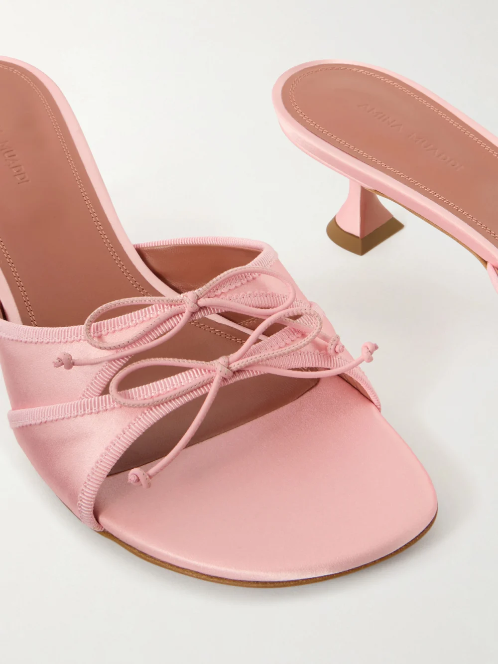 Close-up detail of the Amina Muaddi Eleonora 45 Satin Open Toe Mule