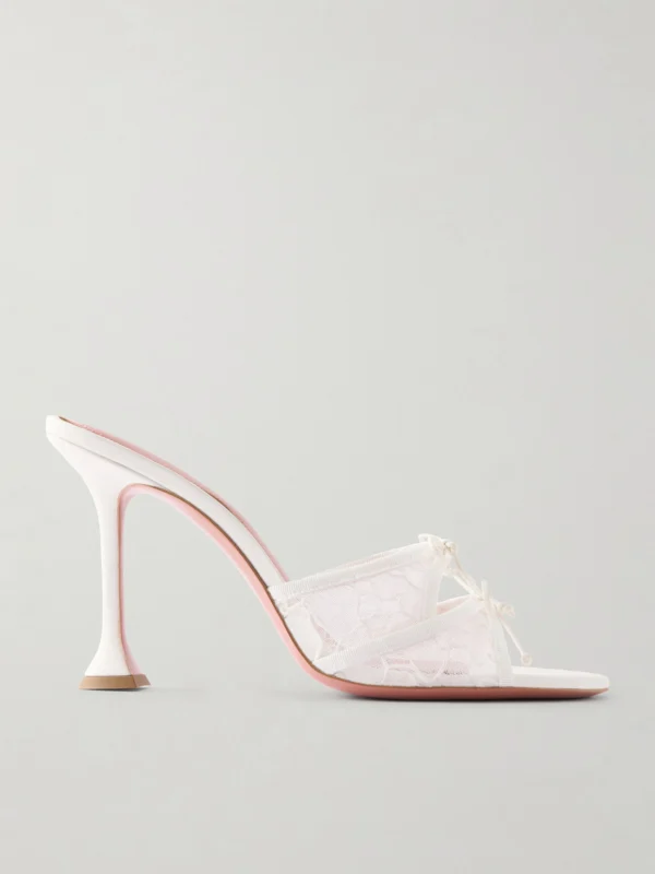 Amina Muaddi Eleonora Bow-detailed Lace and Leather Mules