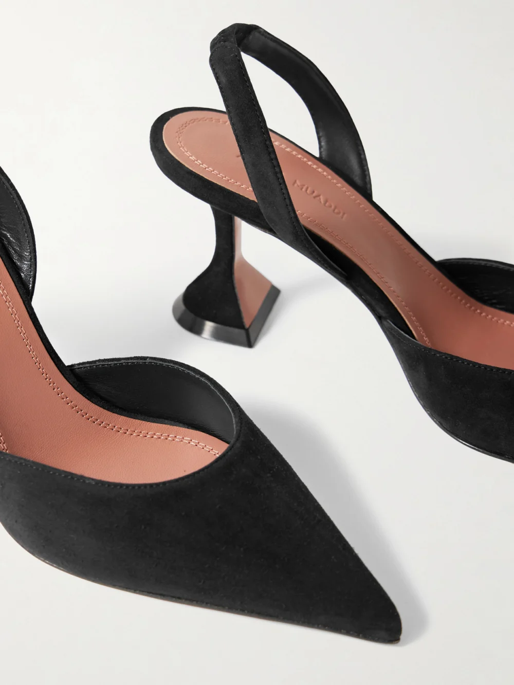 Close-up detail of the Amina Muaddi Holli 70 Suede Slingback Pumps