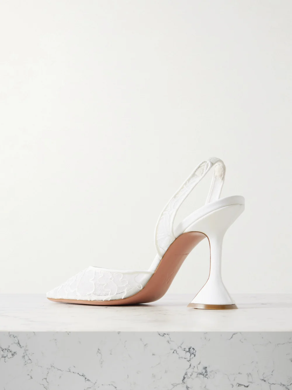 Back view of the Amina Muaddi Holli 95 Lace and Leather Slingback Pumps