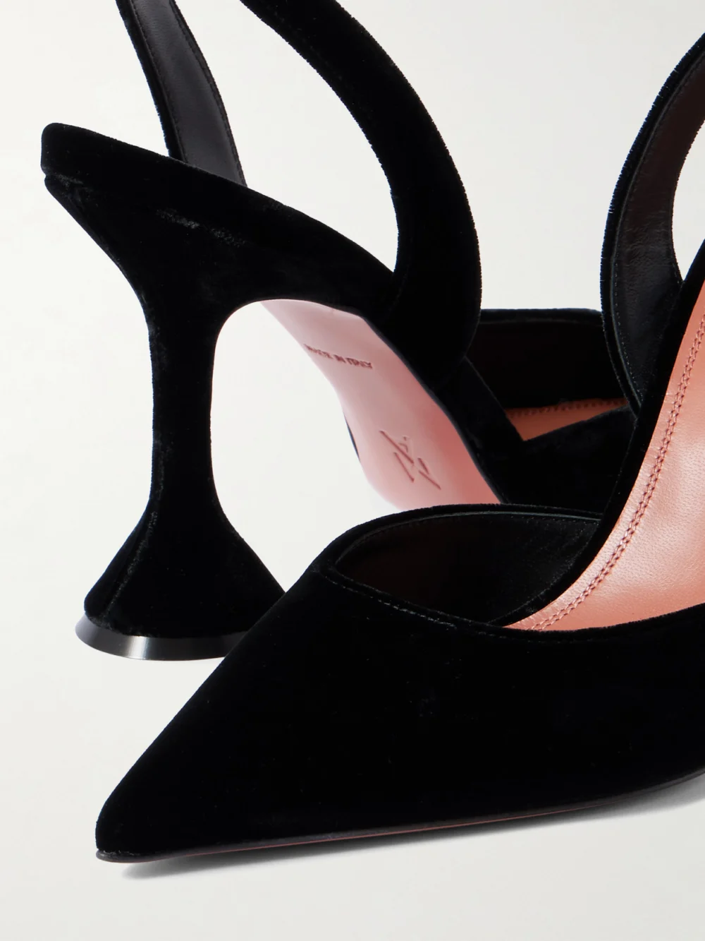 Close-up detail of the Amina Muaddi Holli 95 Velvet Slingback Pumps