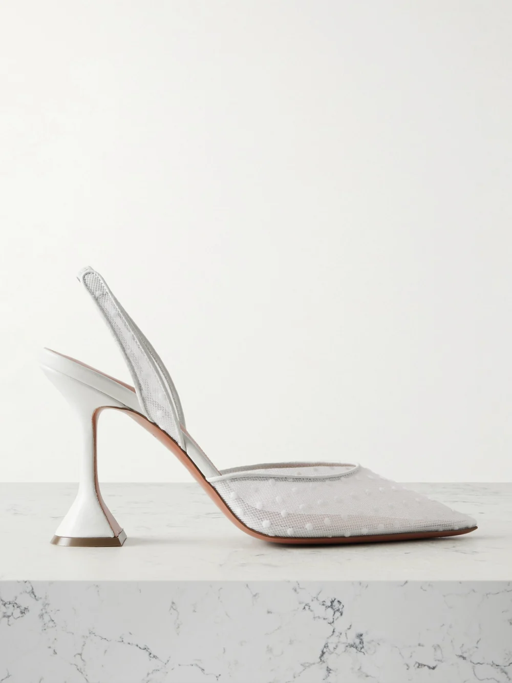 Amina Muaddi Holli Leather-trimmed Flocked Polka-dot Mesh Slingback Pumps in white