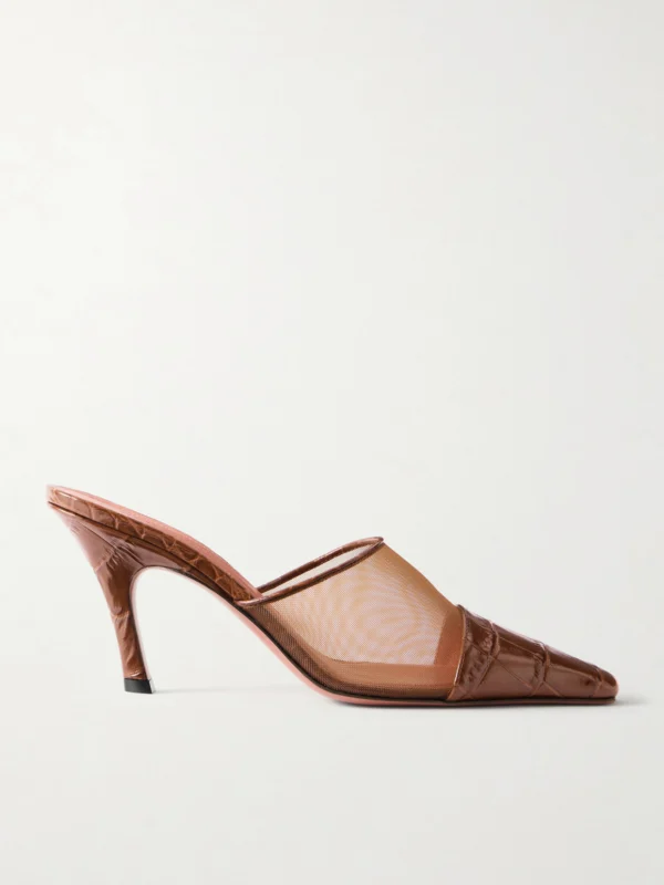 Amina Muaddi Jamie Mesh and Croco-embossed Leather Mules