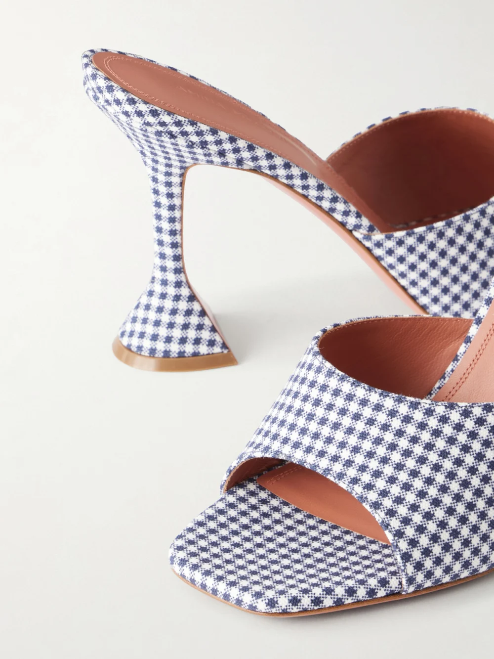 Close-up detail of the Amina Muaddi Lupita 95 Gingham Woven Mules