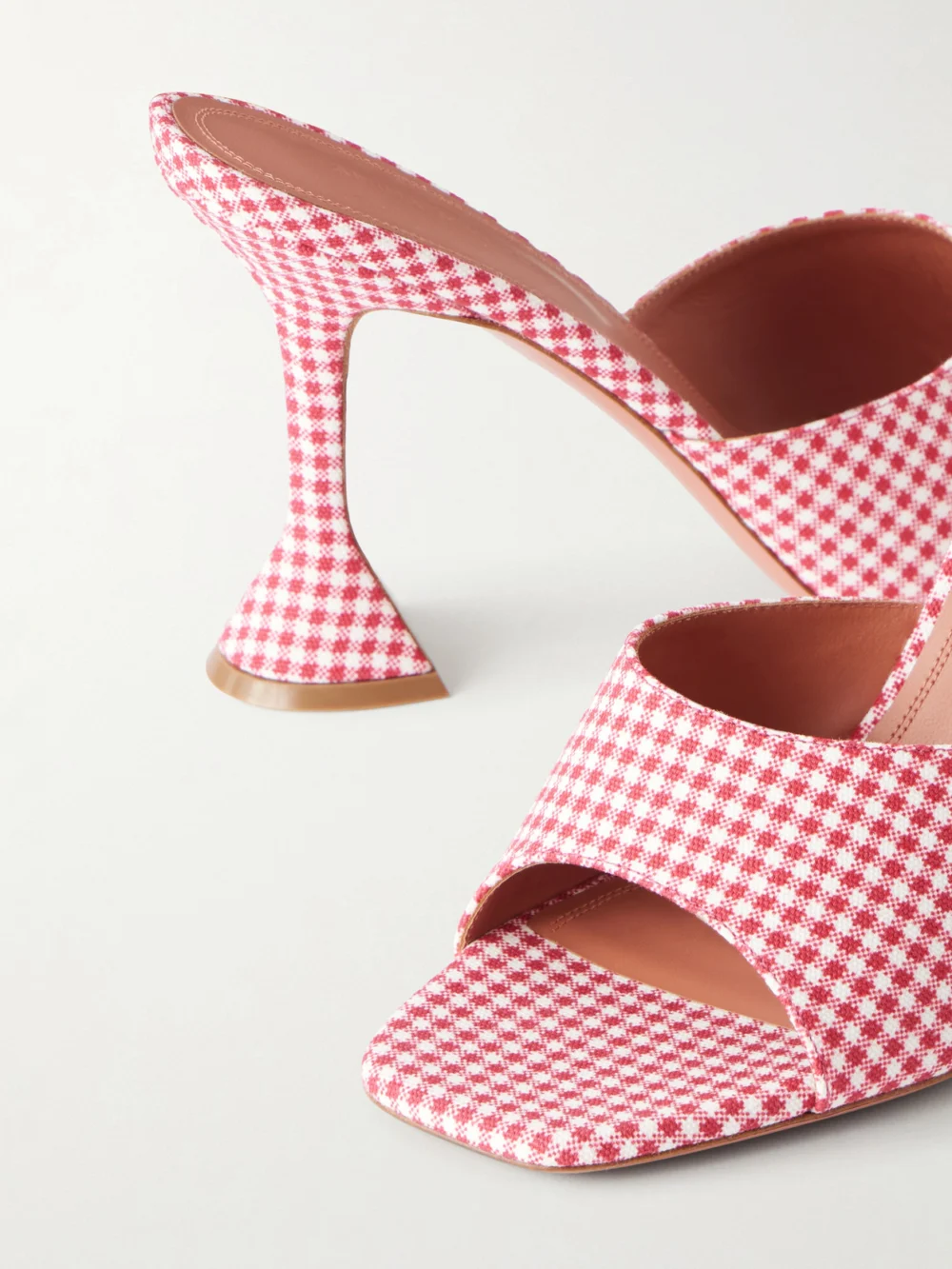 Close-up detail of the Amina Muaddi Lupita 95 Gingham Woven Mules
