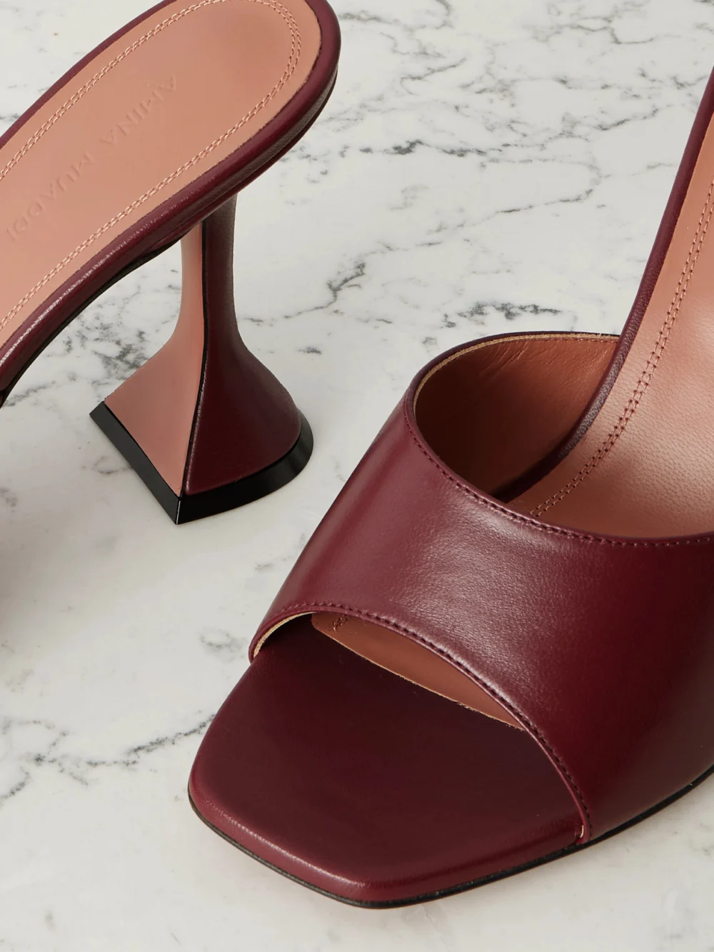 Close-up detail of the Amina Muaddi Lupita 95 Leather Mules