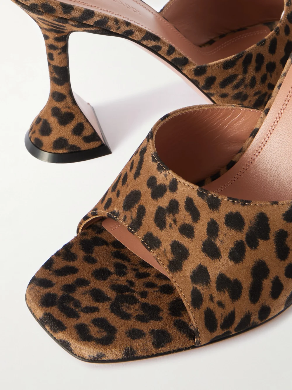 Close-up detail of the Amina Muaddi Lupita 95 Leopard-print Suede Mules