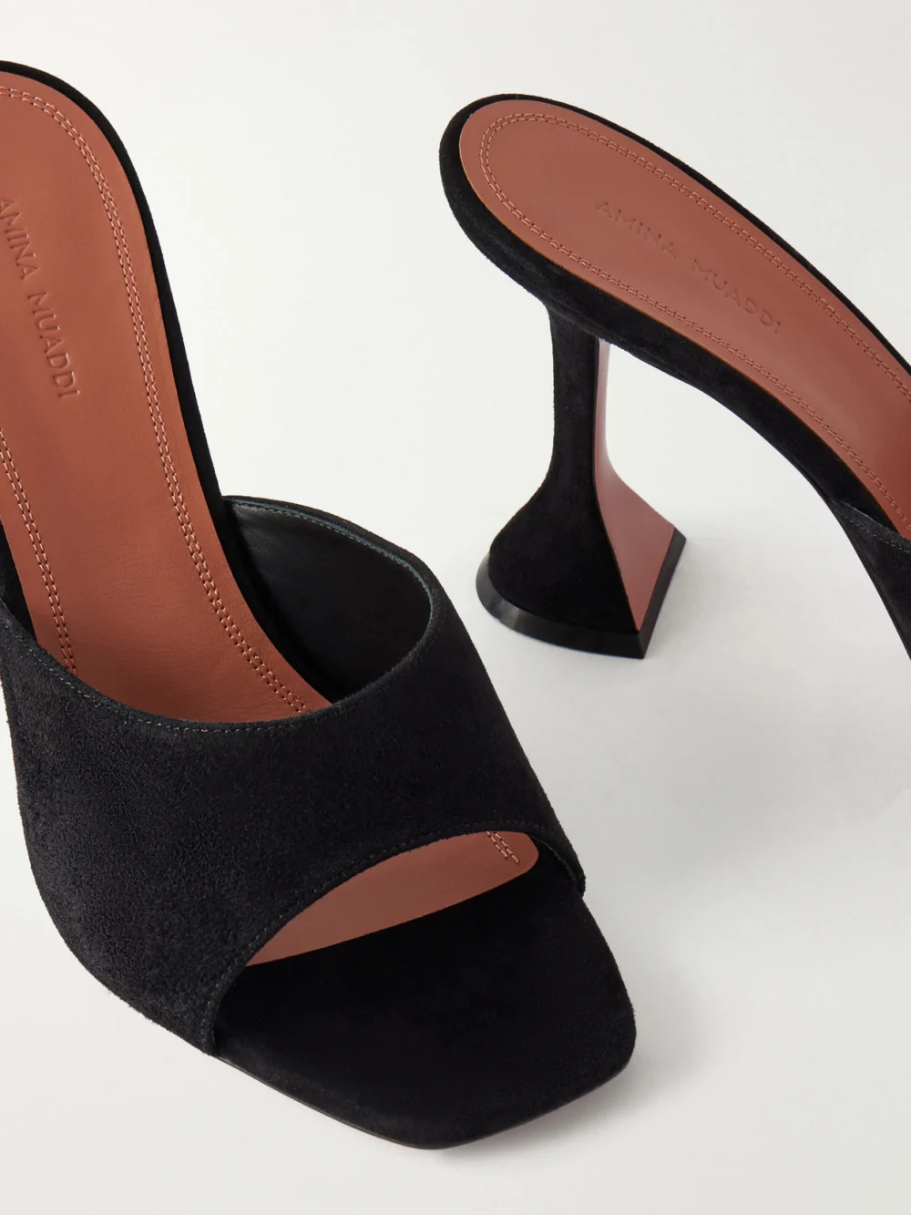 Close-up detail of the Amina Muaddi Lupita 95 Suede Mules