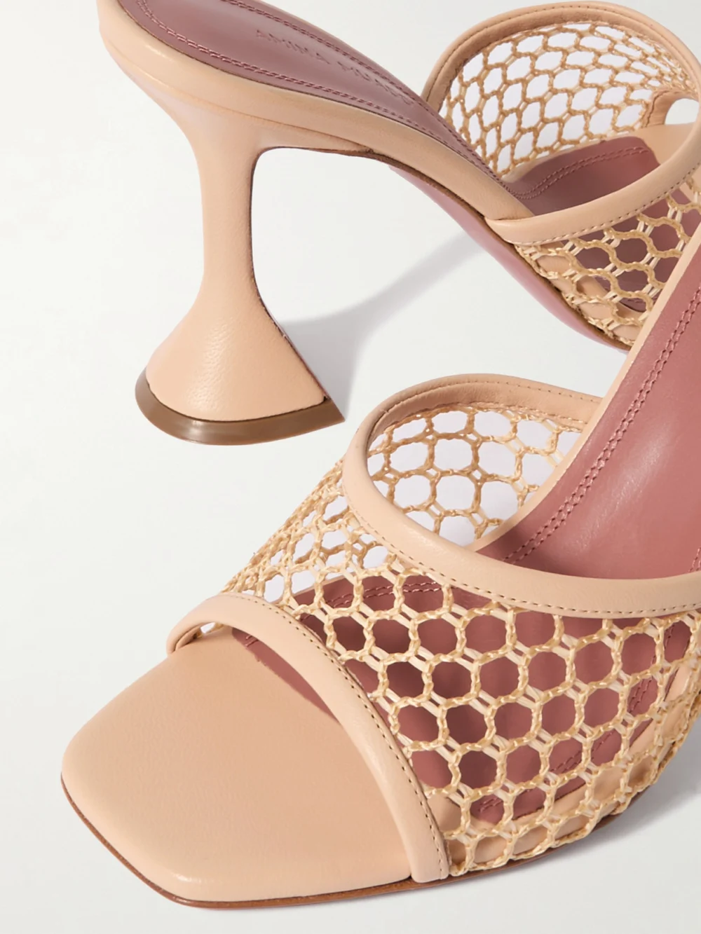 Close-up detail of the Amina Muaddi Lupita Fishnet and Leather Mules