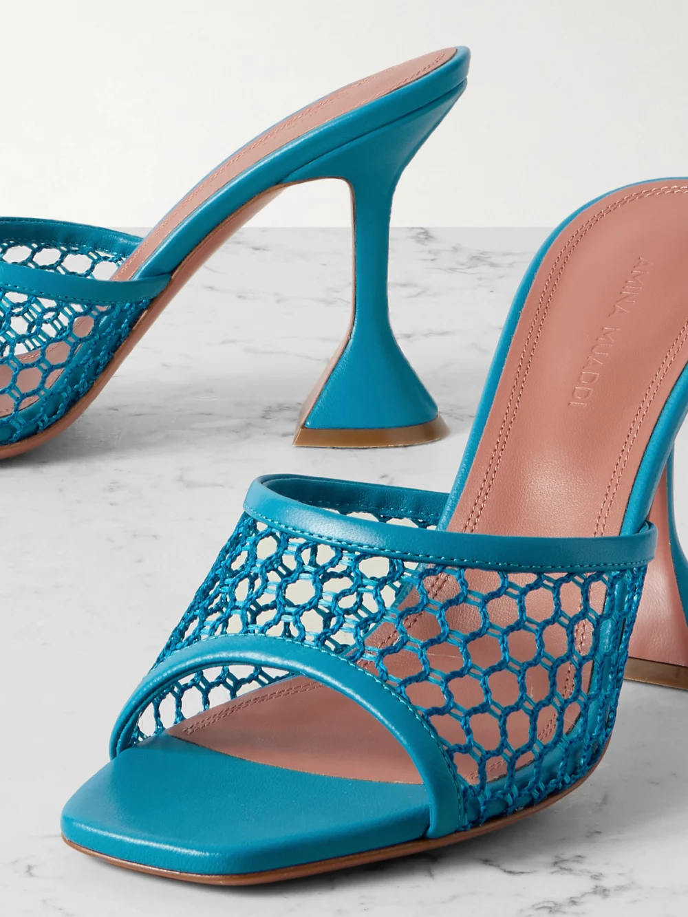 Close-up detail of the Amina Muaddi Lupita Fishnet and Leather Mules