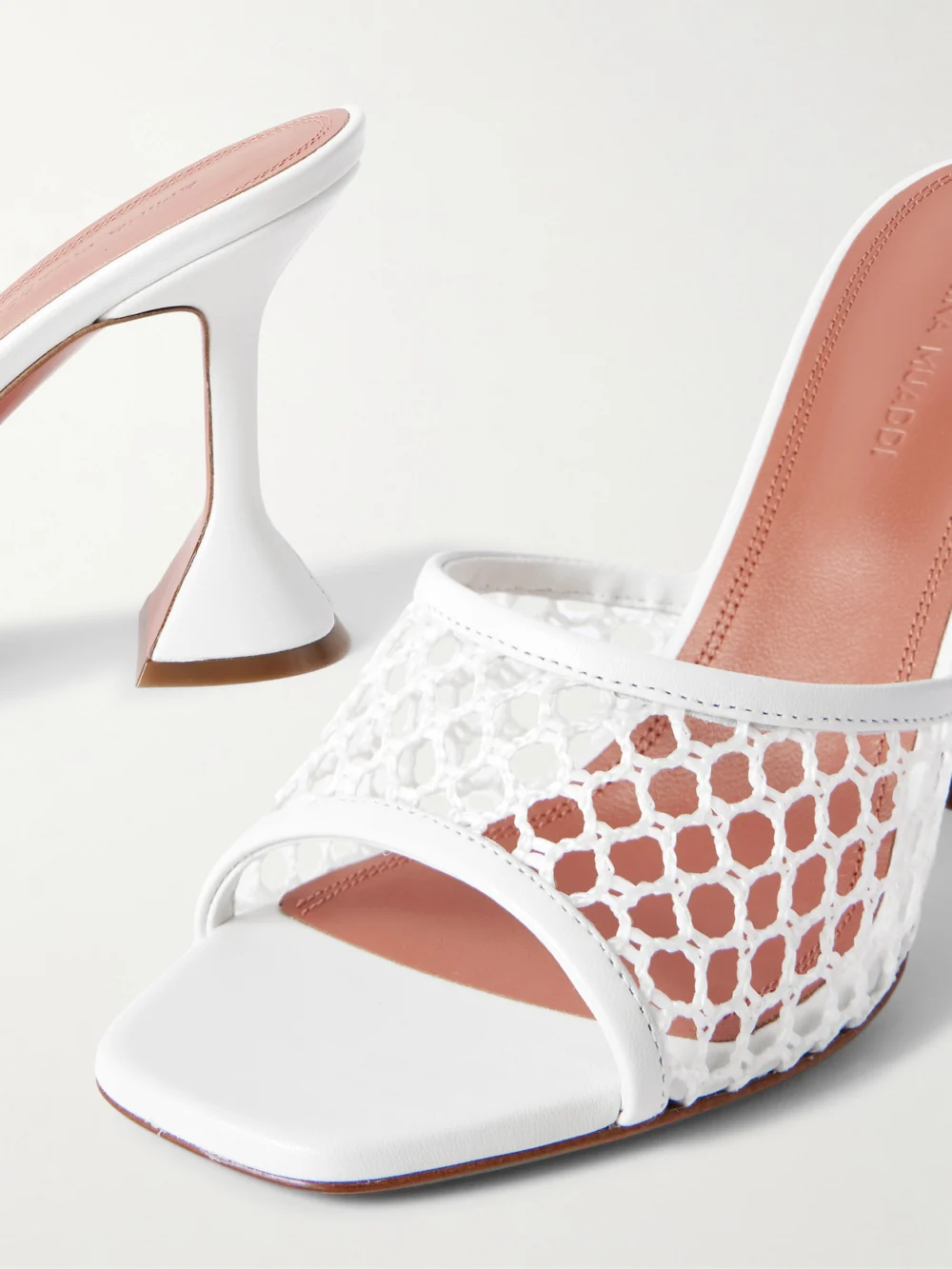 Close-up detail of the Amina Muaddi Lupita Fishnet and Leather Mules