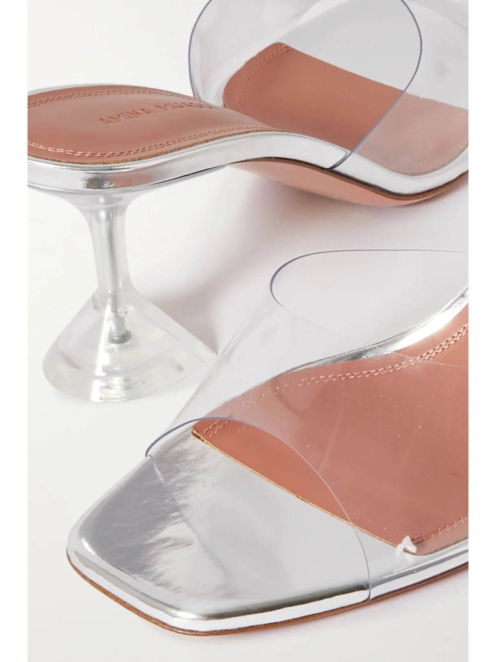 Close-up detail of the Amina Muaddi Lupita Glass Pvc Mules