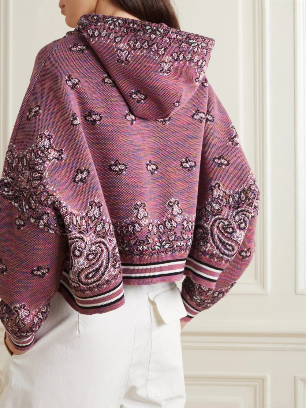 Back view of the Amiri Cropped Embroidered Space-dyed Cotton-jacquard Hoodie