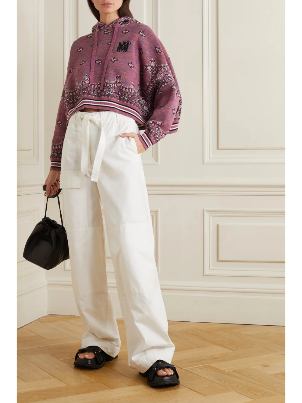 Amiri Cropped Embroidered Space-dyed Cotton-jacquard Hoodie, worn by a model