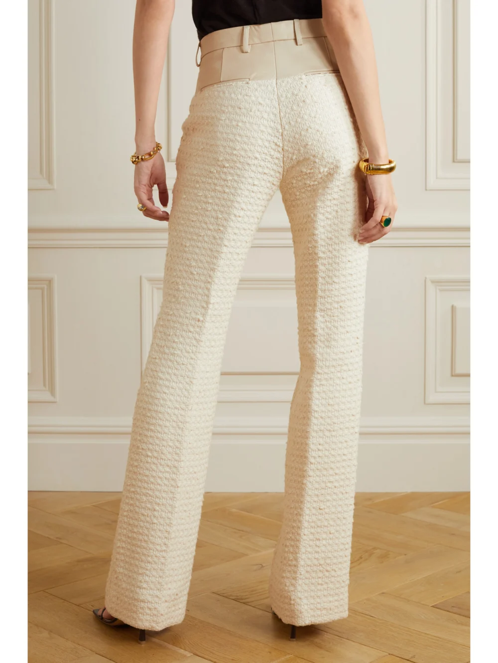 Back view of the Amiri Leather-trimmed Cotton-blend Tweed Bootcut Pants
