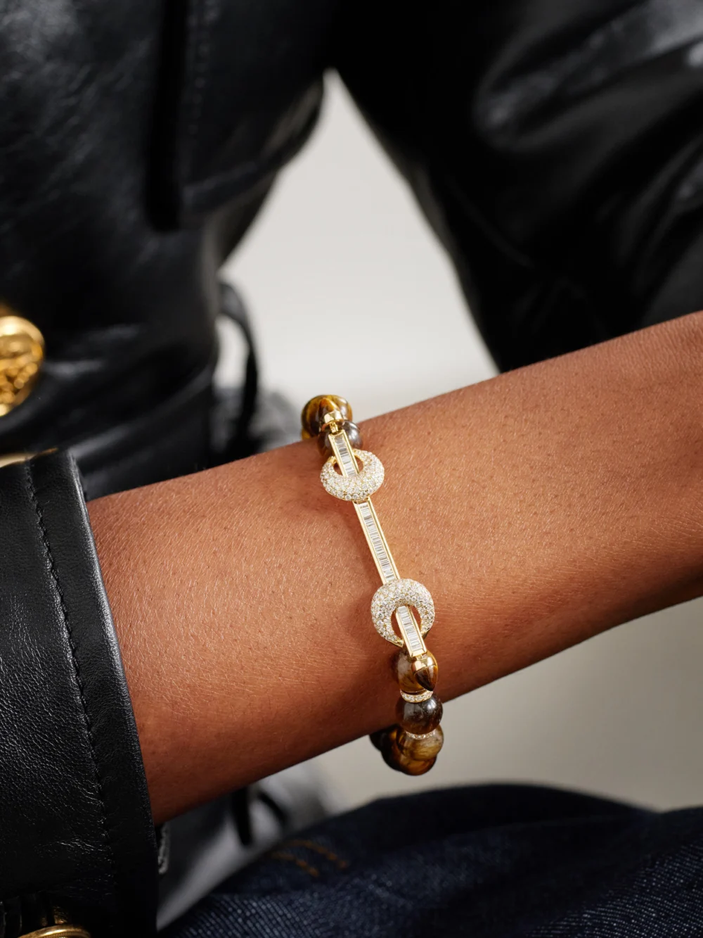 Ananya Chakra 18-karat Gold, Tiger's Eye and Diamond Bracelet, styled view