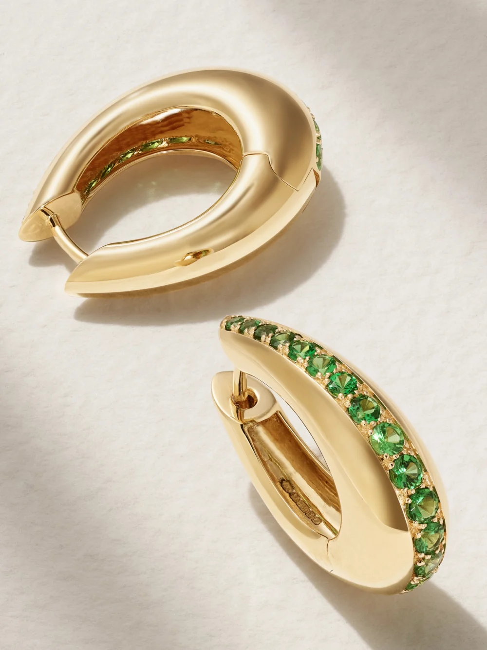 Close-up detail of the Ananya Chakra Icon 18-karat Gold Tsavorite Hoop Earrings