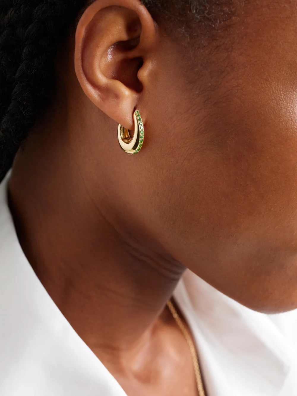 Ananya Chakra Icon 18-karat Gold Tsavorite Hoop Earrings, styled view
