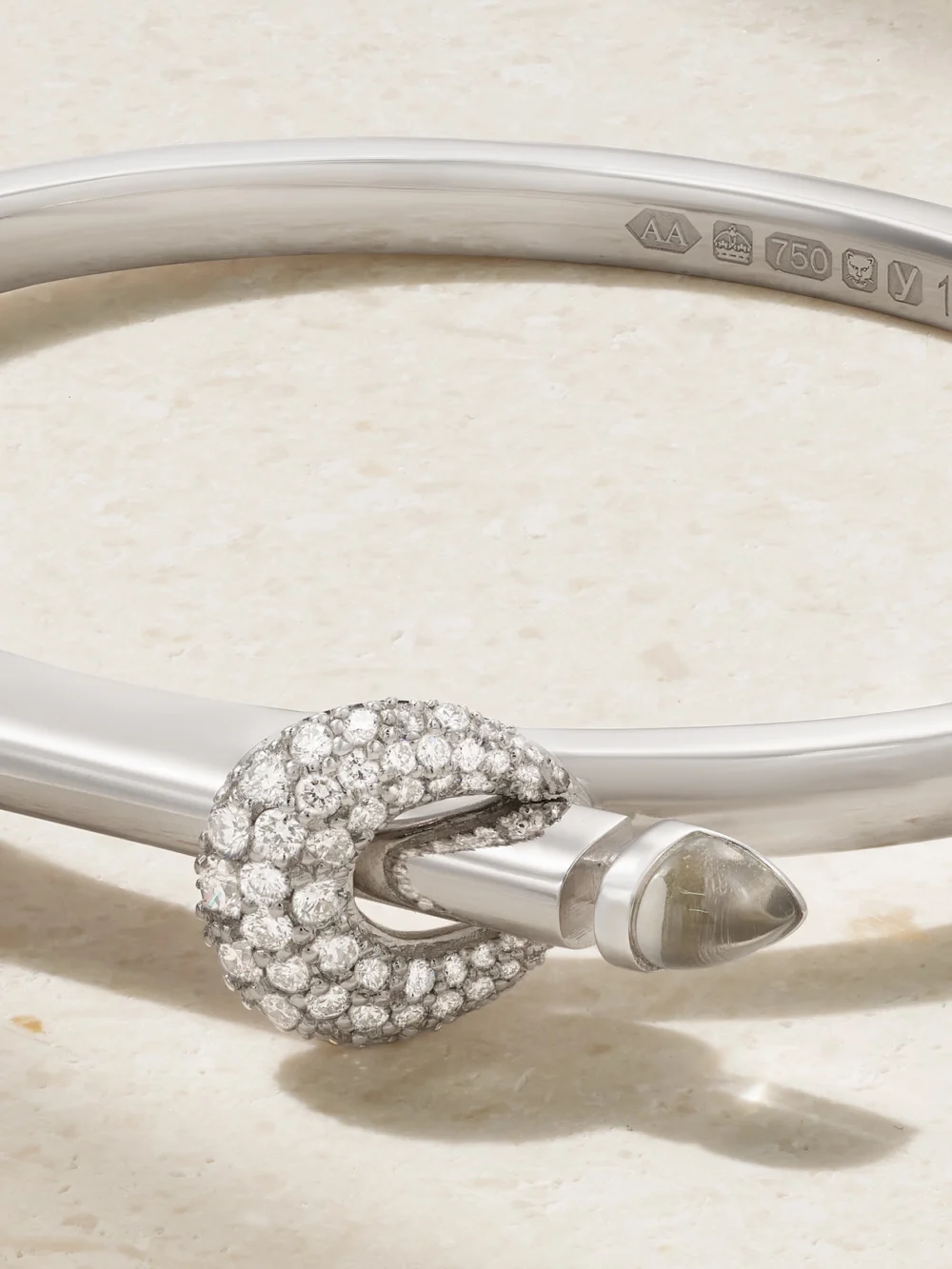 Close-up detail of the Ananya Chakra Icon 18-karat White Gold, Diamond and Quartz Bangle