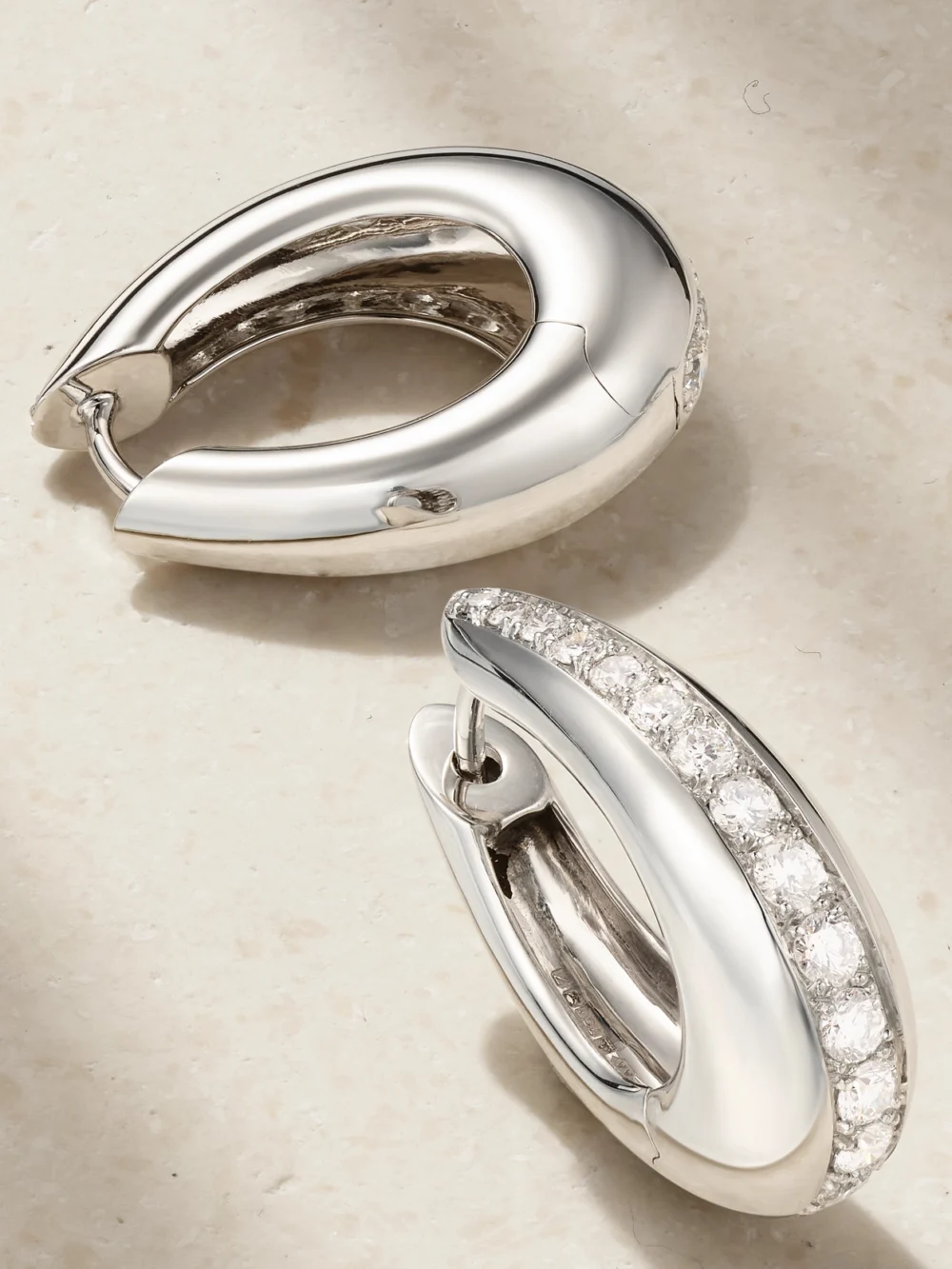 Close-up detail of the Ananya Chakra Icon 18-karat White Gold Diamond Hoop Earrings