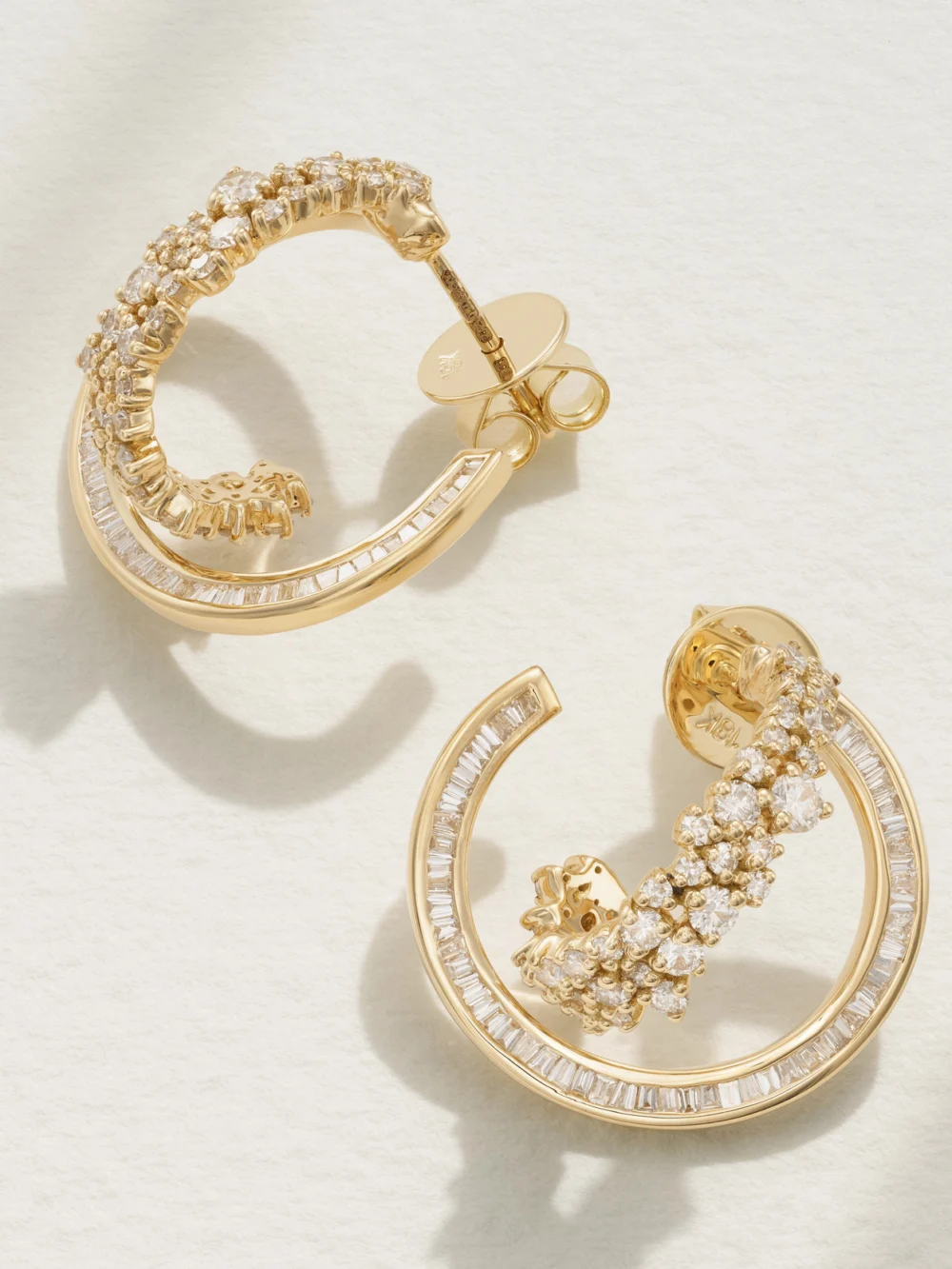 Close-up detail of the Ananya Scatter Double 18-karat Gold Diamond Hoop Earrings