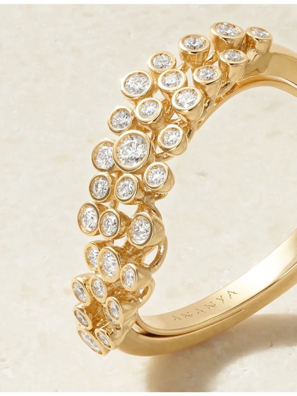 Close-up detail of the Ananya Scatter Floating 18-karat Gold Diamond Ring