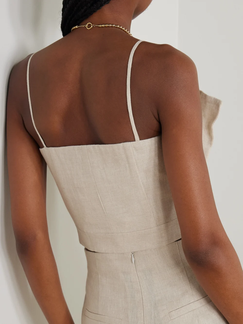 Back view of the Andres Otalora Amapolas Pleated Linen Bustier Top