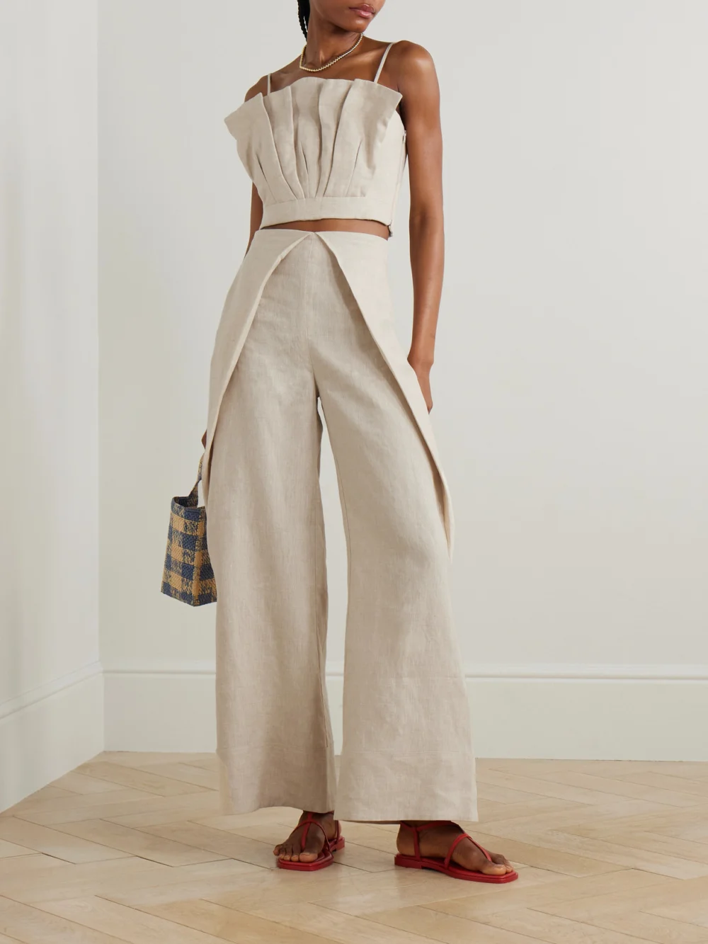 Andres Otalora Amapolas Pleated Linen Bustier Top, worn by a model